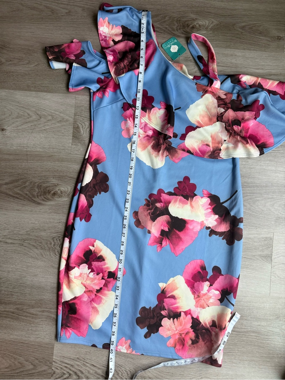 Soprano Blue One-Shoulder Floral Ruffle Dress with Pink Accents - Picture 5 of 13